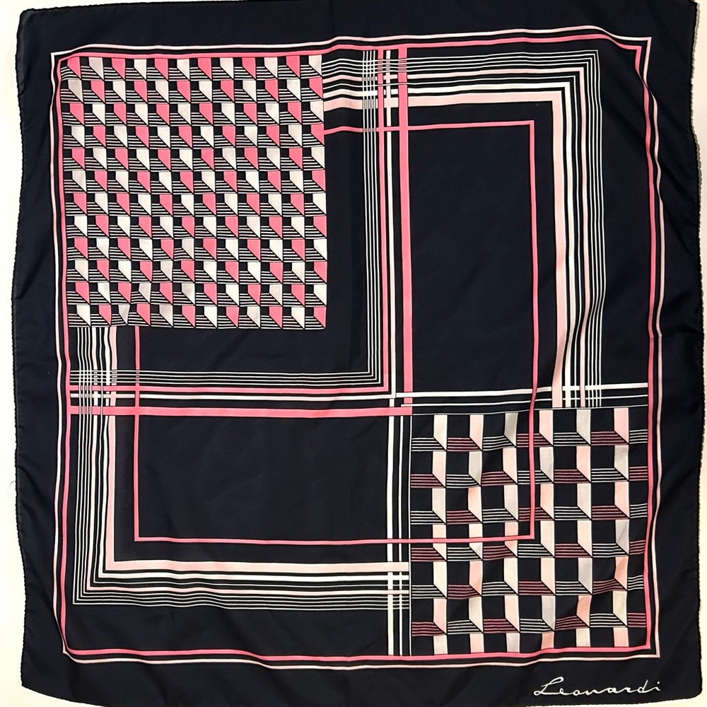 Vintage Leonardi Silk Geometric Grid Square Pattern Fashion Scarf